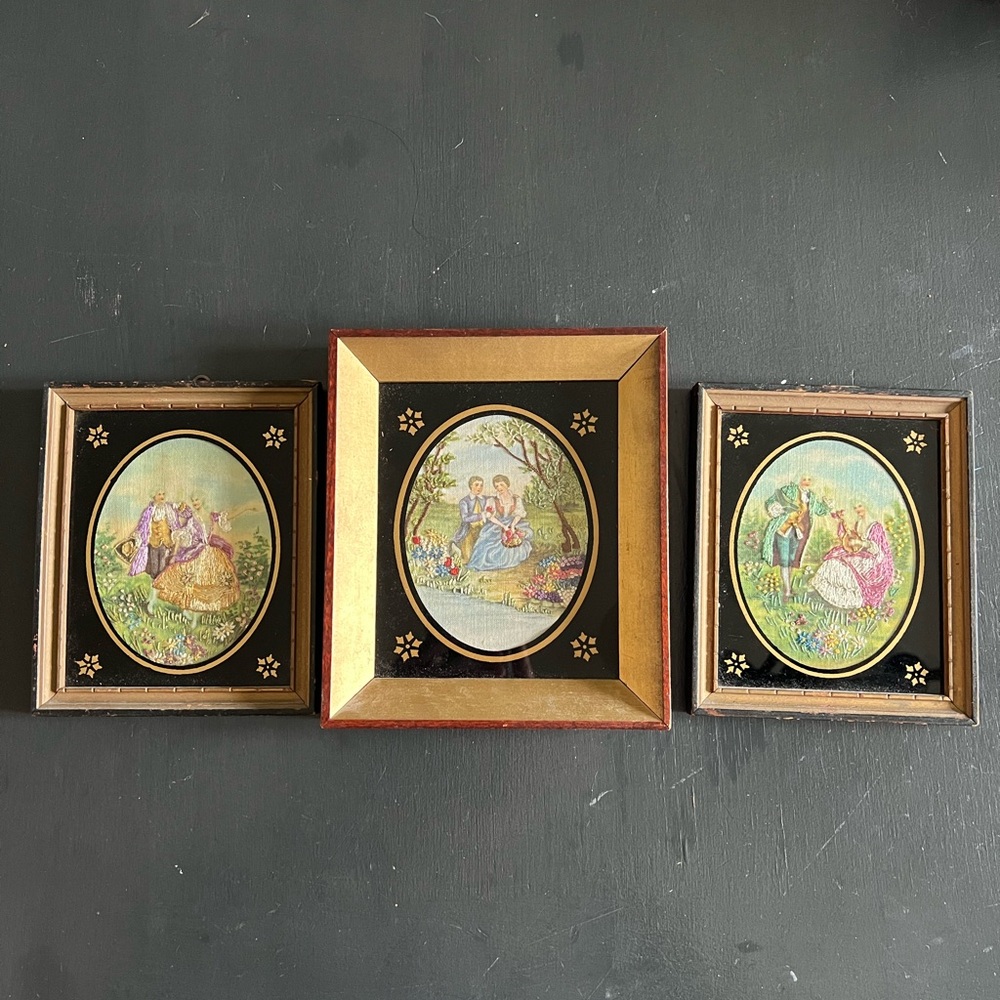 Vintage antique silk embroidered framed needlepoint artwork